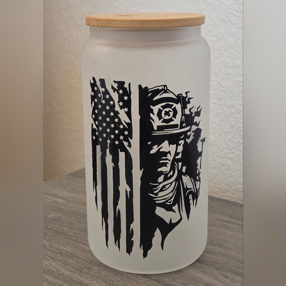 Frosted Glass Jar with Black Firefighter Design